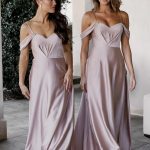 TO896 'Odette' Tania Olsen Bridesmaid Dress by Tania Olsen Designs is a sweetheart neckline, off shoulder, floor length, light satin wedding guest gown