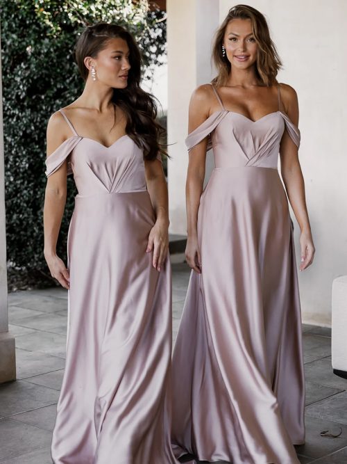 TO896 'Odette' Tania Olsen Bridesmaid Dress by Tania Olsen Designs is a sweetheart neckline, off shoulder, floor length, light satin wedding guest gown