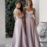 TO896 'Odette' Tania Olsen Bridesmaid Dress by Tania Olsen Designs is a sweetheart neckline, off shoulder, floor length, light satin wedding guest gown