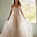 MJ854/KAREN Madison James off shoulder sleeves Wedding Dress