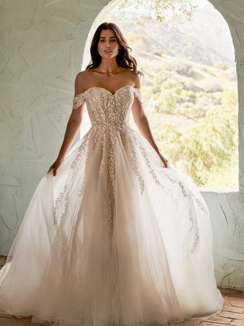MJ854/KAREN Madison James off shoulder sleeves Wedding Dress