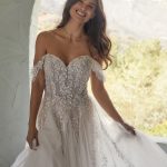 MJ854/KAREN Madison James off shoulder sleeves Wedding Dress